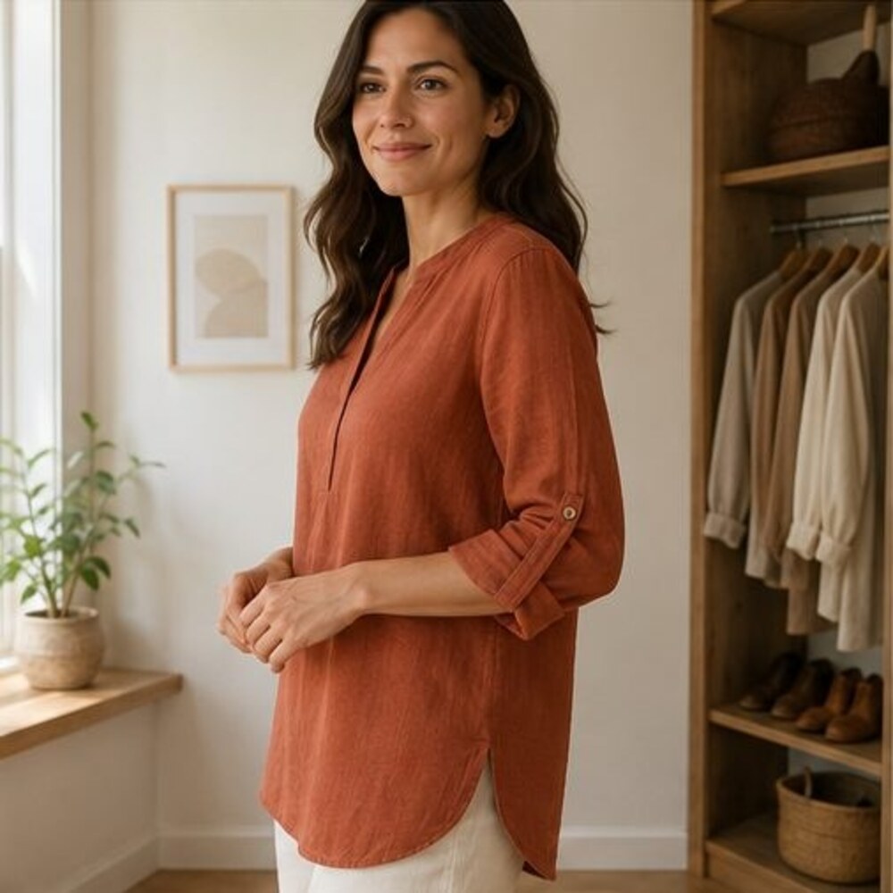 Rust Split Neck Tunic Blouse - Picture 3 of 6